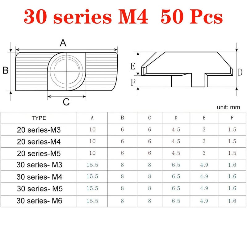 SDY 50pcs 3030 Series M4 Thread T Nuts Hammer Head Fastener Nut Sliding T-Nut,Nickel Plated Carbon Steel Nut for 30 Series Aluminum Extrusion Profile T Slot 8mm (3030 Series M4) - Image 2